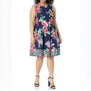 Jessica Howard Woman Sleeveless Navy Blue Floral & Striped Dress Plus Size 14W